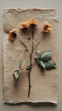 Dried pressed botanical flowers with delicate stems and leaves arranged carefully on a sheet of rough textured handmade paper against a pale neutral background in soft even daylight