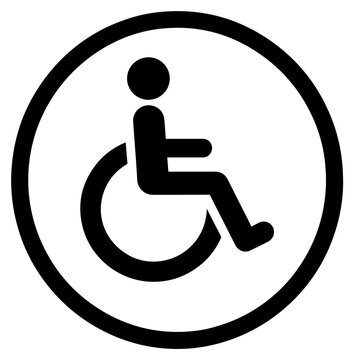 Wheelchair accessibility icon featuring a person in a wheelchair inside a circular border, flat black vector illustration isolated on white background for accessibility, disability and public services