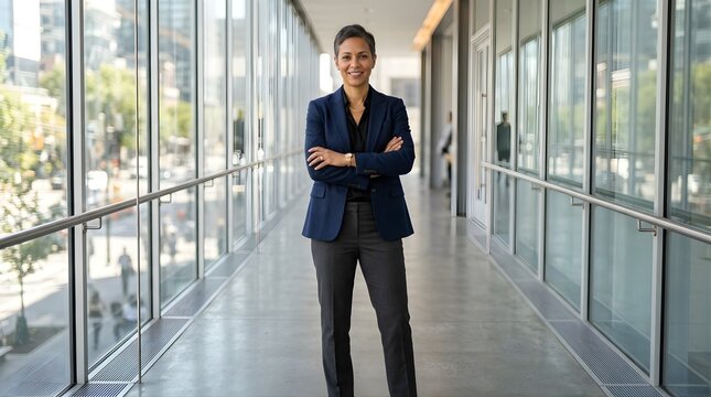 Confident professional woman standing in a modern office hallway corridor