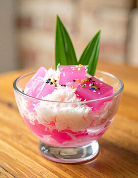 Colorful Indonesian chilled dessert in glass bowl, sweet grated coconut, pink jelly cubes and fragrant green pandan leaves, refreshing tropical presentation, wooden cafe table, blurred backdrop.