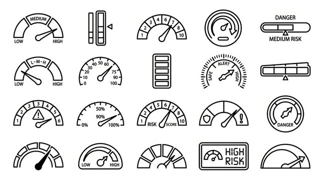 Collection of Weather and Vehicle Gauge Icons in Black and White Line Art Style.