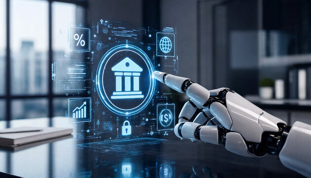Robot hand touching digital banking hologram interface for financial technology and security.