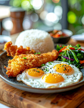 Delicious Asian meal with golden crispy fried fish, steamed white rice, fried eggs with vibrant yolks and colorful vegetables, natural wooden table setting. Tasty food. Close-up.