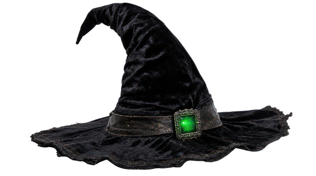 Vintage black witch hat with wide brim, Halloween costume accessory with green gem buckle, spooky magic headwear isolated PNG with Transparent Background