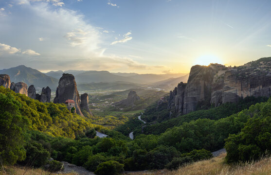 A stunning landscape with monasteries and rock formations in Meteora, Greece