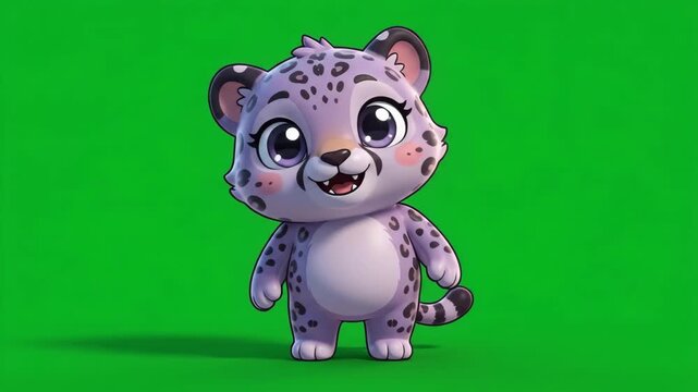 Adorable cartoon baby leopard with purple fur and spots, standing on a green screen background, perfect for children's content.