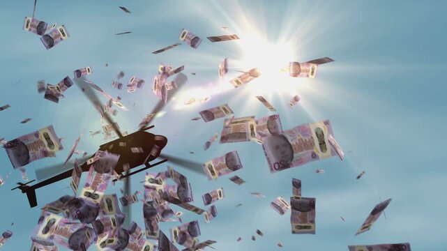 Scotland pound sterling Scottish money banknotes helicopter money dropping. Scotch 20 GBP notes abstract 3d concept of inflation, money printing, finance, economy, crisis and quantitative easing.