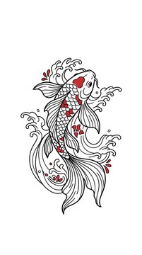 Ornamental Japanese koi fish illustration with flowing fins and detailed patterns, surrounded by stylized water elements in traditional Japanese artistic style.