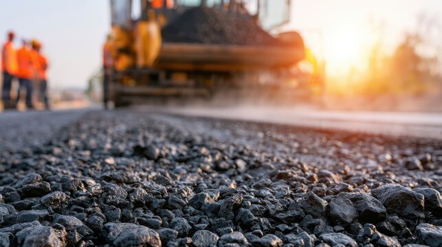 Fresh asphalt is being laid on a road as workers and a paving machine operate during sunset.