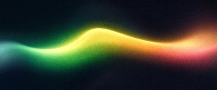Abstract flowing wave with emerald green and coral orange gradient light on dark background