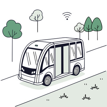 Driverless autonomous electric shuttle bus driving on park road with smart city