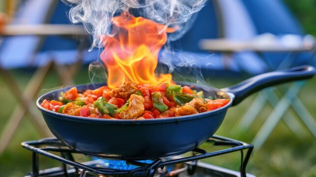 A vibrant stir-fry with vegetables and chicken cooks over an open flame on a camping stove outdoors, with smoke rising around the fire.