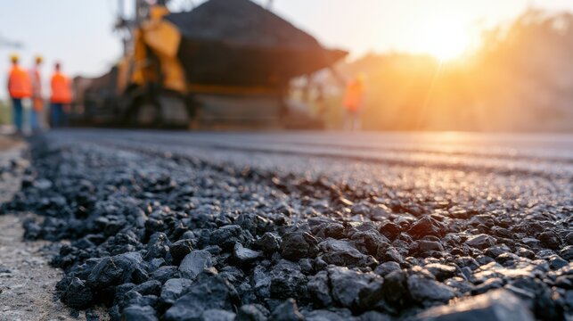 Close-up of freshly paved asphalt road with workers and machinery in the background during a bright sunrise or sunset.