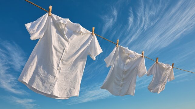 White T-shirts hanging on a clothesline with wooden clothespins against a bright blue sky with wispy clouds.
