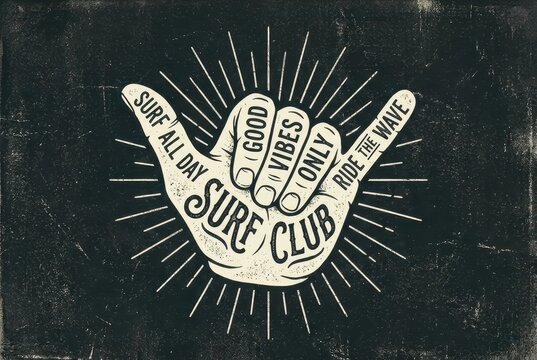 Vintage Surf Club Shaka Hand Sign Illustration with Good Vibes Only Text and Grunge Texture Background