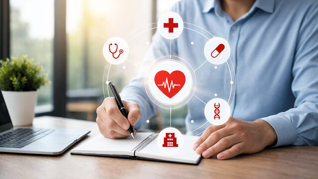 Doctor writing medical notes with digital healthcare icons and heart health interface