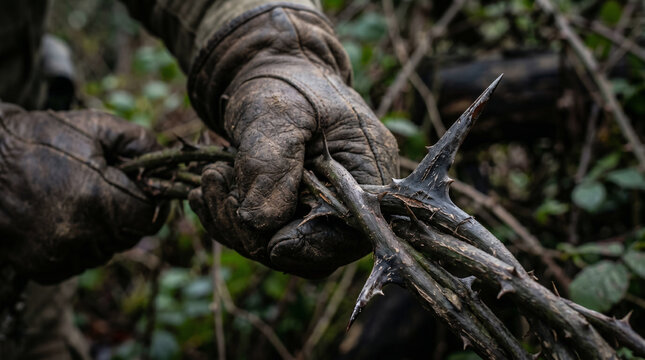 Roman soldiers brutally weaving a crown from sharp, massive thorns to place on Jesus's head