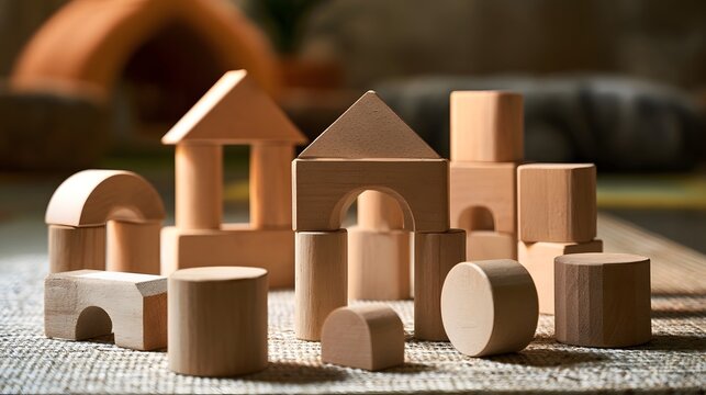 Wooden building blocks shaped like houses and arches arranged on a textured surface under warm lighting