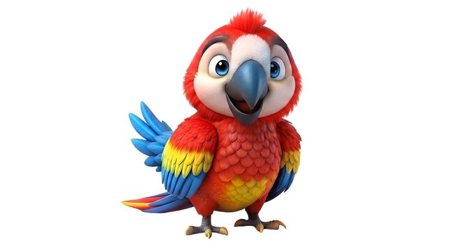 Cute cartoon scarlet macaw parrot standing and smiling on a white background