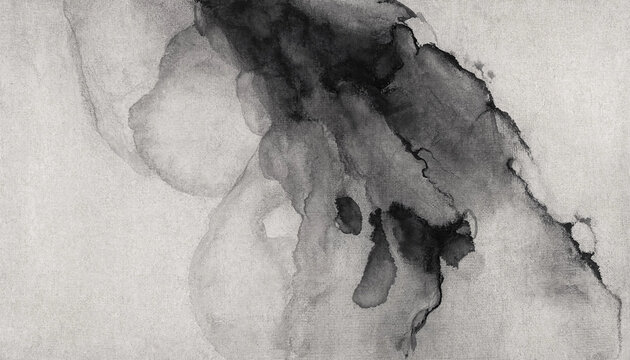 Abstract monochrome ink wash texture with flowing black liquid paint on white paper background