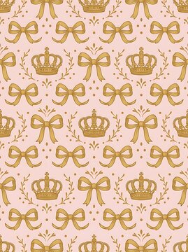 Royal seamless pattern with gold crowns and bows on pink