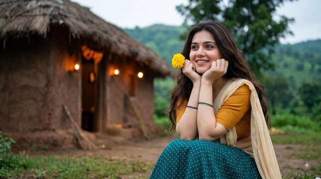 Smiling young woman in traditional attire holding a marigold flower near a rustic mud hut at dusk