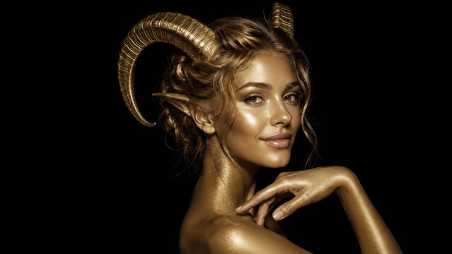 smiling gold painted fantasy woman with pointed elf ears and large curved horns looking at camera against a black studio background