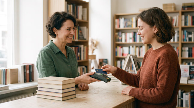 Customer tapping credit card on a wireless card reader at a cozy bookstore checkout counter to buy books from a friendly bookseller. Contactless retail purchase.