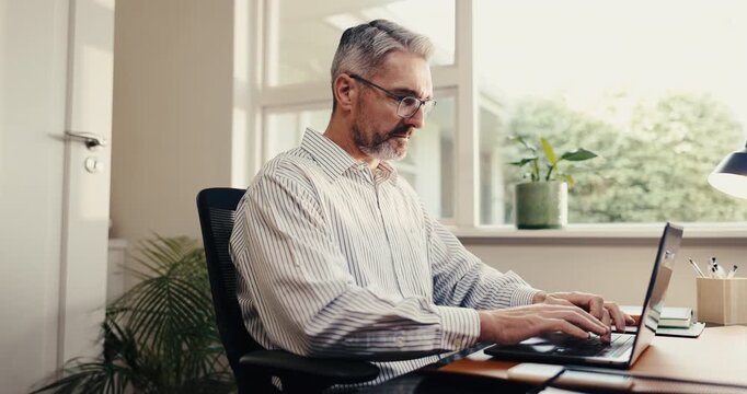 Thinking, laptop and business man in home office for finance report, research and investment review. Remote work, wfh and mature person on computer for financial proposal, budget planning and audit