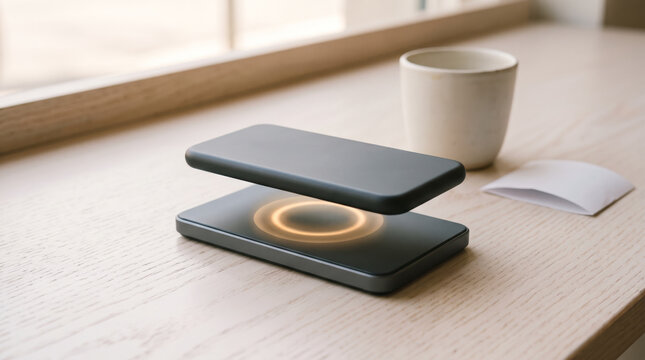Futuristic wireless charging pad lying flat on a light wooden table near a window with coffee cup in a modern caf&eacute;. Smart wireless power technology.