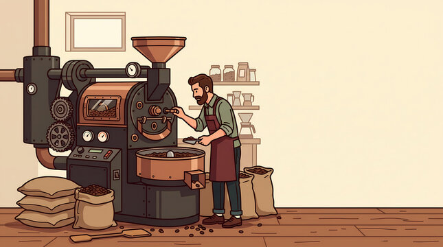 Banner template of a male roaster scooping coffee beans from a large industrial roaster machine with right side copy space
