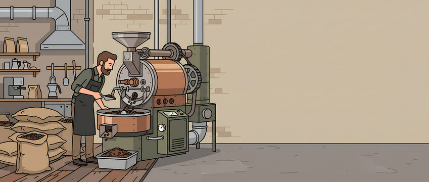 Industrial coffee roasting machine operated by a male artisan worker in a flat vector banner illustration with empty copy space