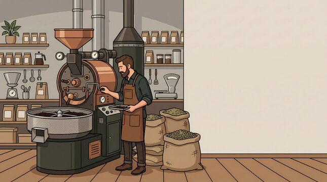 Vintage coffee roaster machine and sacks of beans with a male worker and a large blank wall for text copy space