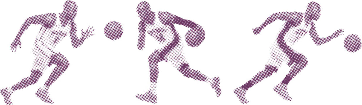 Basketball player action poses illustration set with athlete running and dribbling ball