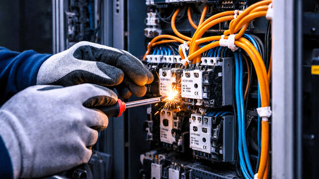Electrician repairing electrical relay panel with screwdriver causing bright sparks