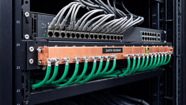 Copper grounding busbar with green cables in a server rack for electrical safety systems.