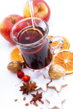 Mulled wine with fruits, elevated view, close-up