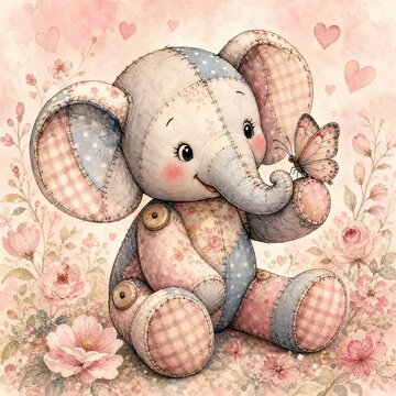 Patchwork Plush Elephant with Butterfly