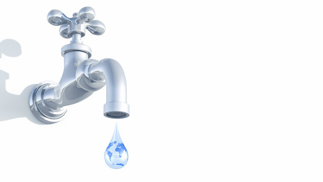 Tap with world map inside drop of water, 3d rendering