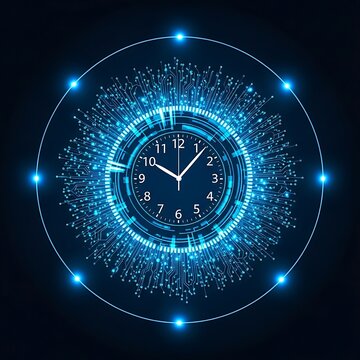 Abstract digital clock face with glowing network connections and time concept