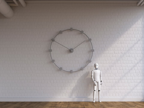 Robot standing under wall clock