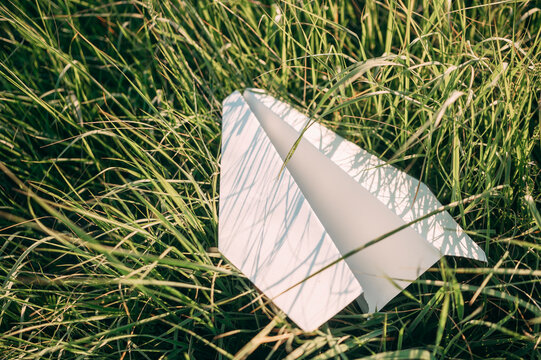A white paper airplane lies in the green grass of a summer field
