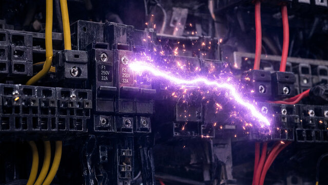 Electric arc flash on industrial terminal block with glowing violet electrical discharge