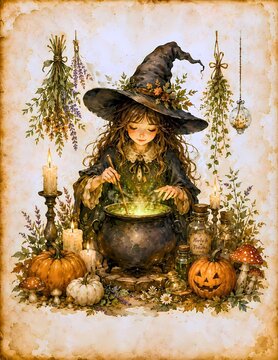 A young witch stirring a bubbling cauldron in a dimly lit room filled with magical items and Halloween decorations