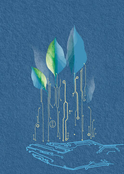 Circuit board hand holding leaves representing green technology