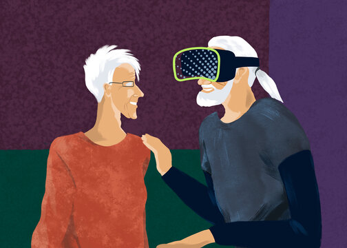 Senior man uses virtual reality headset with smiling woman
