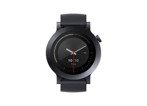 Modern dark grey smartwatch, round brushed metallic case, silicone strap. Digital display analog time, date day, isolated Transparent background PNG. Wearable fitness tracker health monitoring gadget