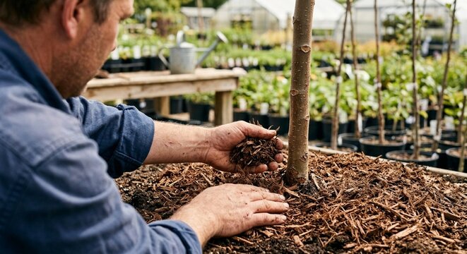 A dedicated gardener applying fresh wood mulch around the base of a young tree in a nursery.