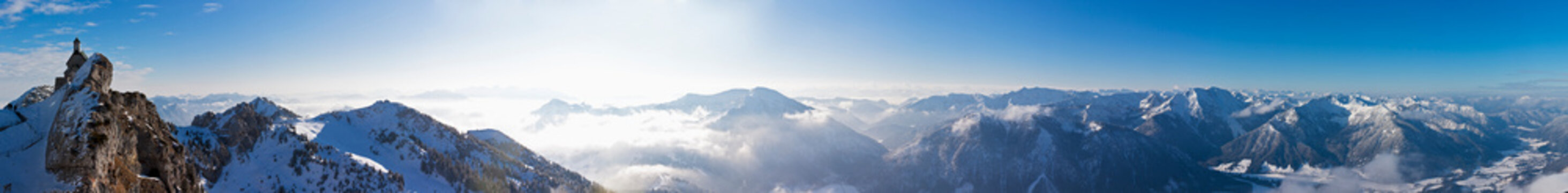 South Germany, Upper Bavaria, Bayrischzell, View of small church with alps from Wendelstein mountain