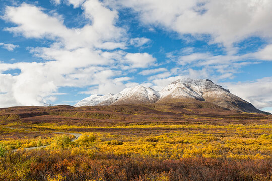 USA, Alaska, Landscape along Denali Highway in autumn with Alaska Range